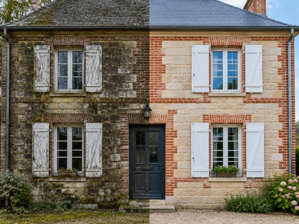 Façade en brique et pierre avant et après nettoyage dans l'Oise